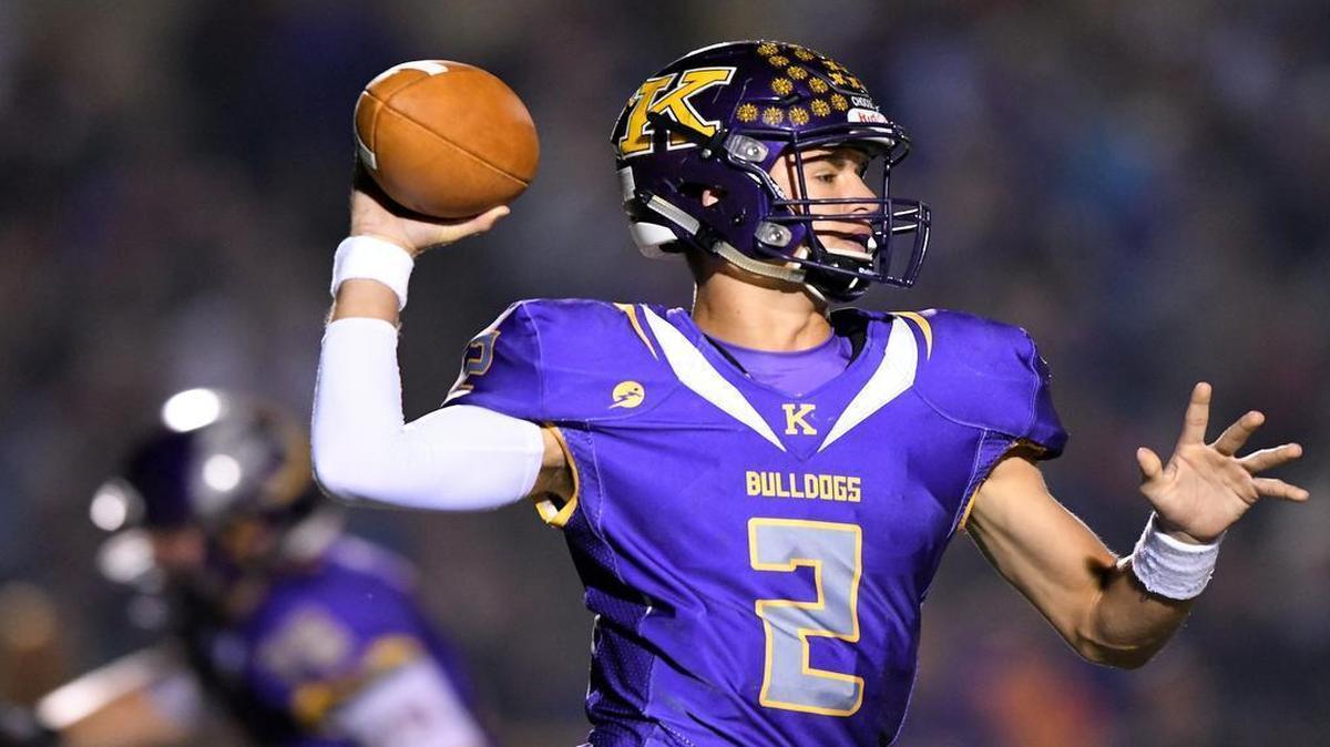 Kearney quarterback Anthony Pritzel throws in the second quarter during a game against Staley on October 7, 2016 in Kearney, Mo.