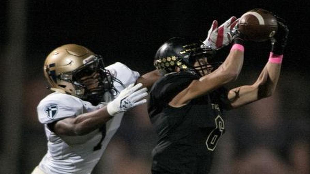 
Wide receiver Gus Gomez pulled in a 15-yard pass that helped Blue Valley march down the field during their game against St. Thomas Aquinas on Friday night.
