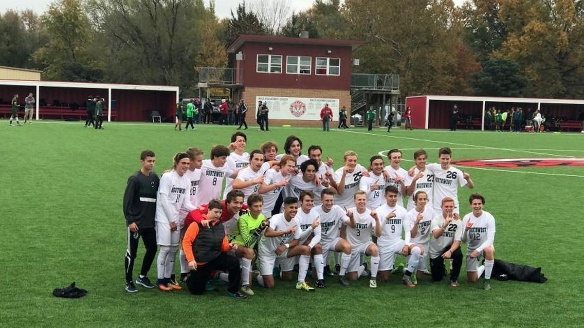 For the first time in its short history, the Blue Valley Southwest boys team won a Kansas high school soccer title — and remained undefeated for the 2017 season in doing so at the Maize High School complex on Saturday, Nov. 4, 2017. The team posted this picture on its Twitter account.