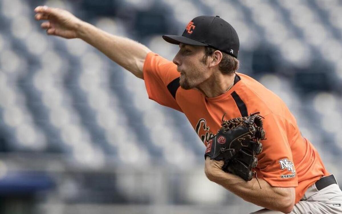 Andrew Ellwanger (28) of the NKC Apartments Giants pitches during the Ban Johnson All-Star Game on July 24, 2016 at Kauffman Stadium in Kansas City, Missouri.