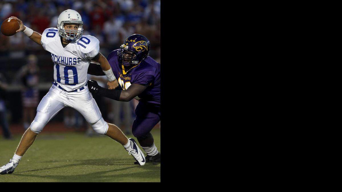
Rockhurst quarterback T.J. Green, seen here in a game against Blue Springs last year, returns for the Hawklets this season.
