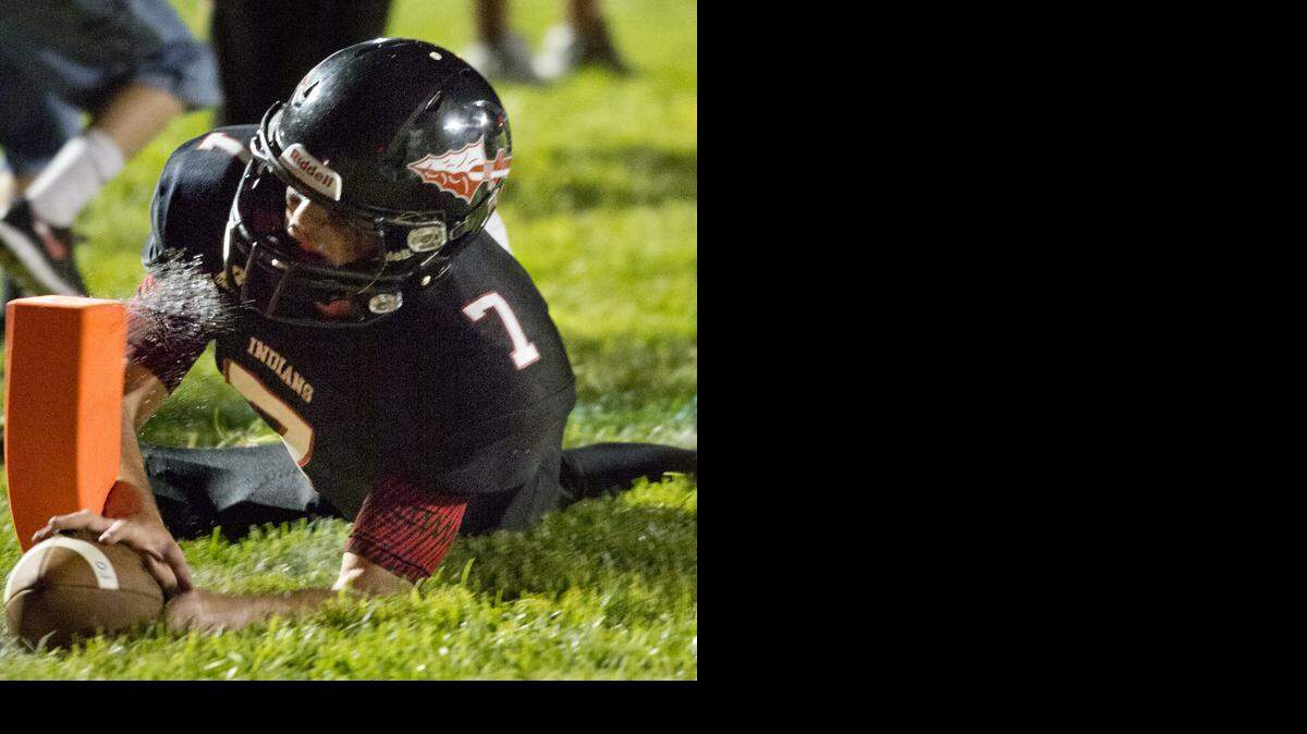 
Fort Osage quarterback Skylar Thompson got just inside the pylon and scored in the third quarter of the Indians’ game on Friday night against Blue Springs. Fort Osage won the game 35-21. 
