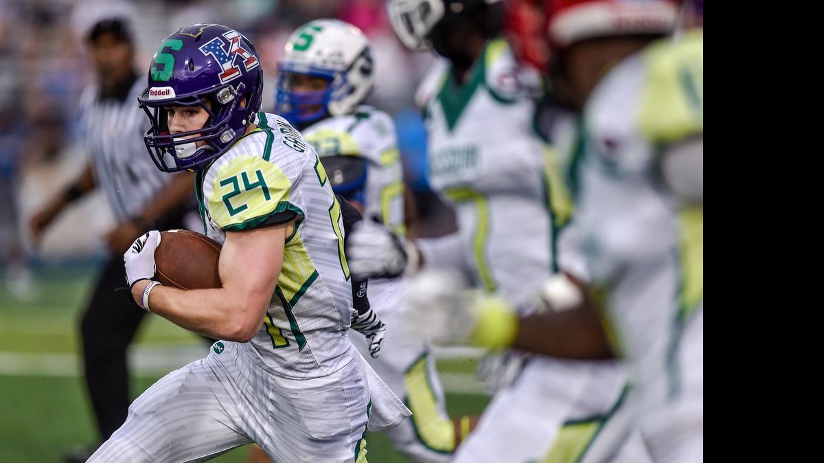 
Missouri defensive back Jake Gassman (24) returned two punts for 62-yard touchdowns during the Missouri vs. Kansas All-Star football game. The first was called back, but the second counted for six points and helped him win the Missouri MVP award. 

