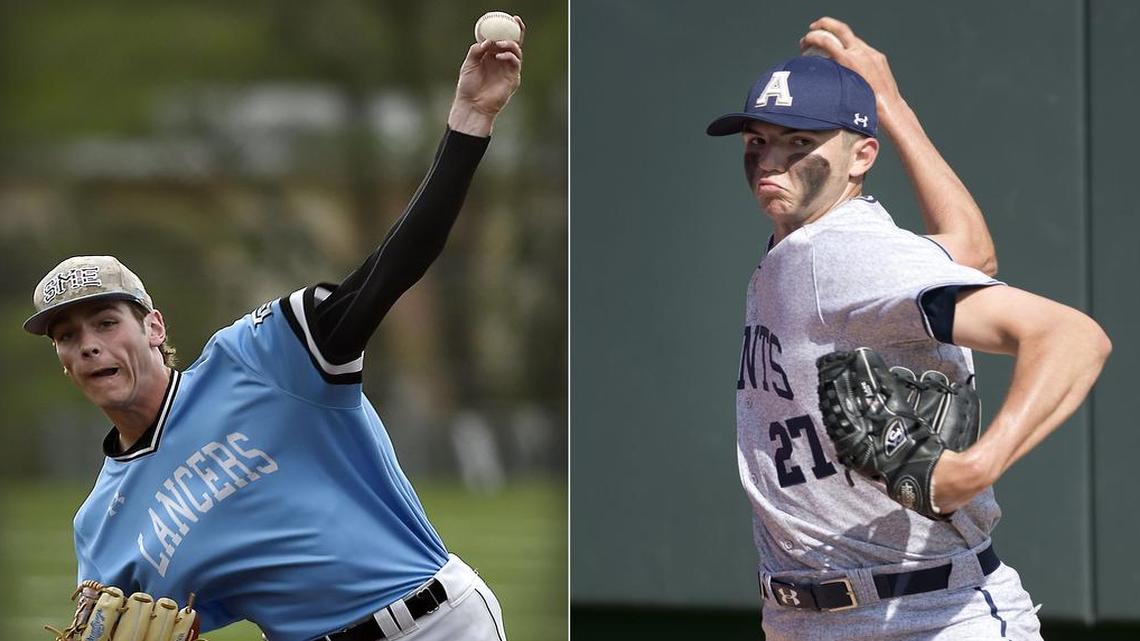 High school pitchers Joey Wentz (left) of Shawnee Mission East and Riley Pint of St. Thomas Aquinas are projected to possibly be among the top 15 selections in the upcoming Major League Baseball Draft, scheduled for June 9.