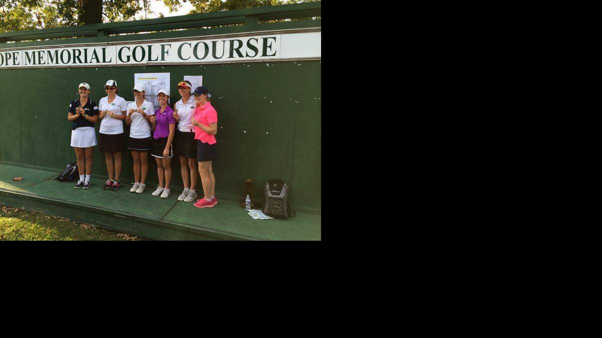 
The top six finishers at the Eastern Kansas League golf tournament: (left to right) Tatum King, St. Thomas Aquinas, sixth; Nikki McCurdy, Blue Valley Southwest, fifth; Jamie Rickert, Blue Valley Southwest, fourth; Kaleigh Ashen, Blue Valley Northwest, third; Alex Larson, Blue Valley West, second; Jean Tyrrell, Blue Valley North; first.
