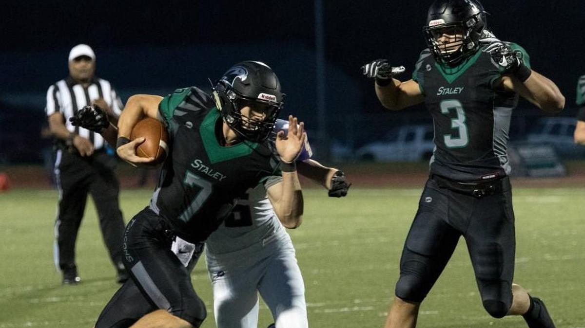 Staley quarterback John Raybourn, left, has been a revelation for the Falcons this season in their drive to get deep into the state playoffs again.
