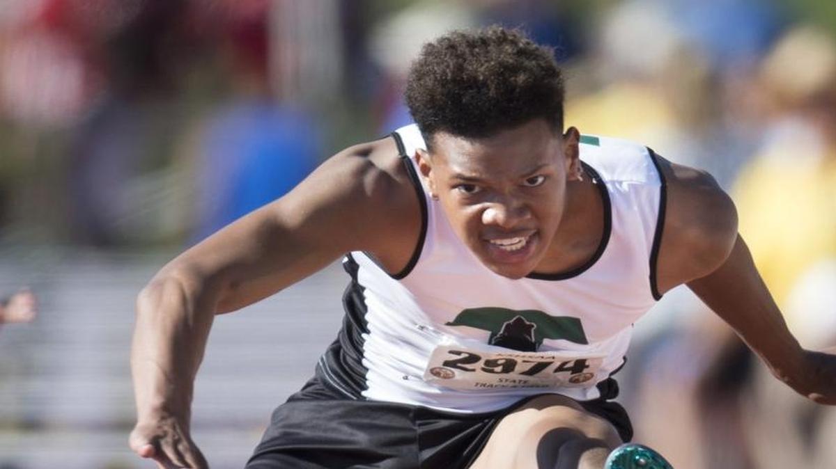 Blue Valley Southwest’s Noah Green was focused on the finish line in the Kansas 5A 110-meter hurdles in Wichita. He won first place in the race.