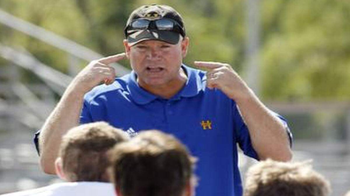 
Football coach Randy Dreiling, seen here addressing his former team at Hutchinson, takes the reins this season at St. Thomas Aquinas. He brings with him a resume that includes seven state titles at Hutchinson.

