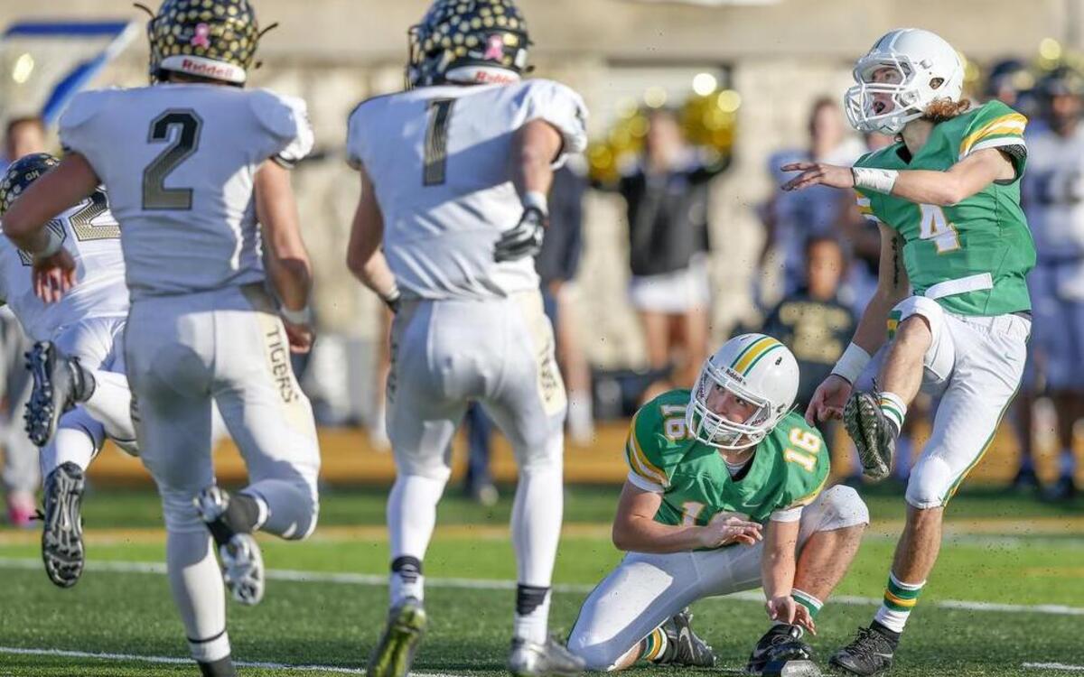 Derby’s Blayten Tullis kicked a go-ahead field goal late in the fourth quarter in a 17-14 victory over Blue Valley in the Kansas 6A championship game in Emporia, Kan.