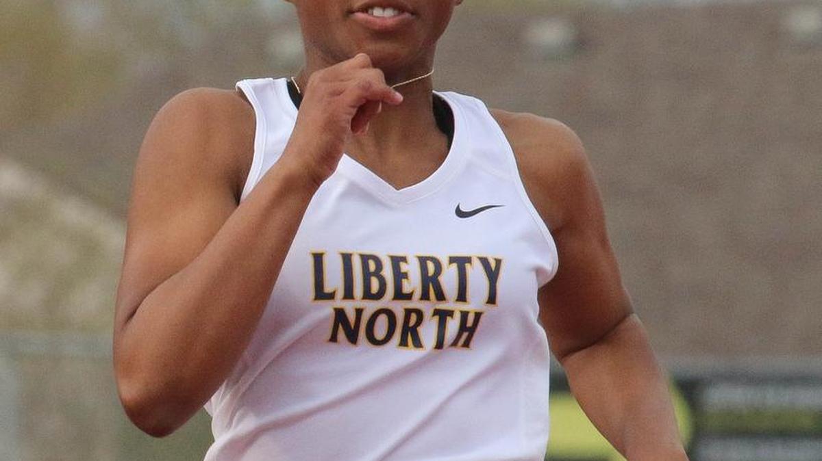 Tamia Emerson of Liberty North sprints to the finish in her 100-meter dash heat at the Darwin Rold Invitational at Lee’s Summit North. Emerson placed third overall.