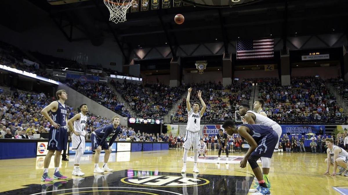 Barstow’s Shea Rush stood a the free-throw line with 2.5 seconds left in the game on Saturday in the Missouri Class 3 boys state championship. Father Tolton Catholic defeated the Knights 62-60.