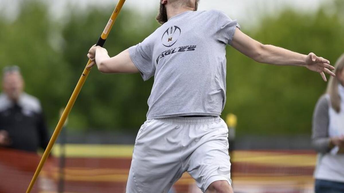 Finn Giddings of Liberty North competes in the javelin throw at the Gary Parker Invitational track meet Friday at Blue Springs High School. Giddings finished in 11th place.