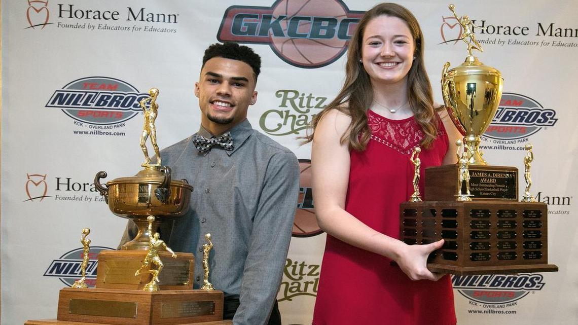 High school basketball players Jacob Gilyard (left) of Barstow, and Abby Hipp, of St. Pius X, were named the DiRenna Award winners on Thursday at the Greater Kansas City Basketball Coaches Association awards program at the Ritz Charles in Overland Park.