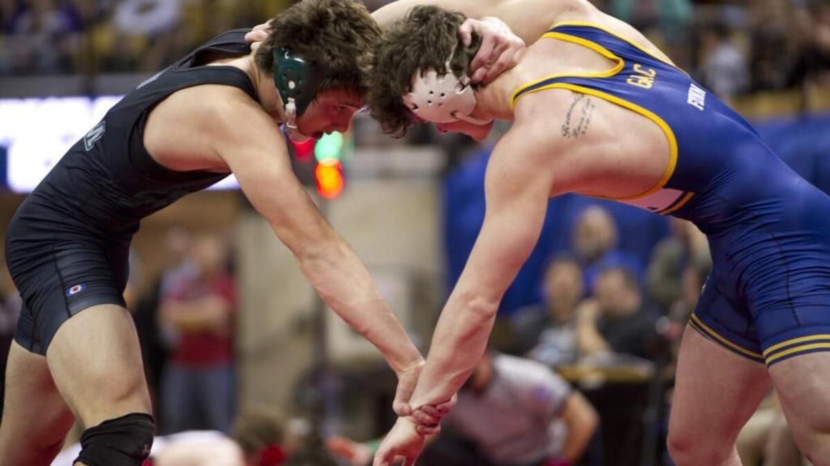 Staley's Zach Elam grapples with Francis Howell's Jack Flynn during the Class 4 195-pound championship match. Elam won a 1-0 decision that helped Staley claim its first-ever Class 4 team championship.