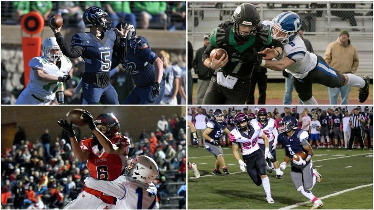 The Star’s 2017 All-Metro football selections include (clockwise from top left) Blue Valley North quarterback Graham Mertz, Staley quarterback John Raybourn, Park Hill South wide receiver Ronnie Bell and Lee’s Summit West running back Phillip Brooks.