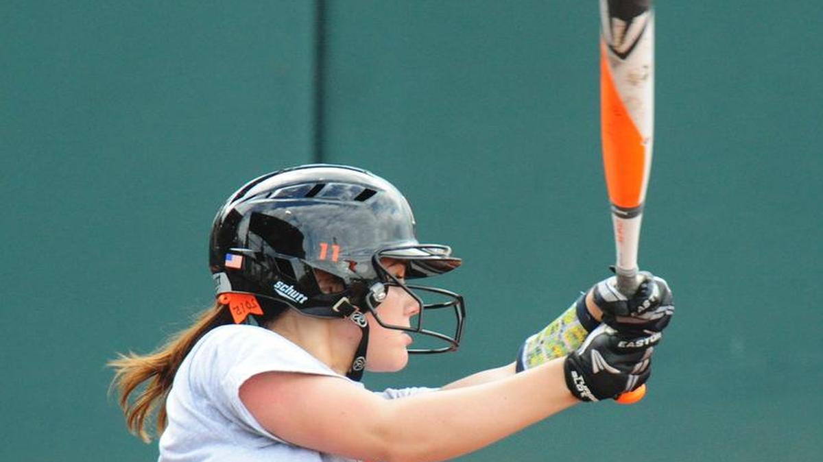 
Kansas All-Star Kristina Jaderborg of Shawnee Mission Northwest High School watches the ball after connecting at the plate against the Missouri All-Stars on Monday during the second game of the MO-KAN All-Star Softball Series at the Shawnee Mission School District Softball Complex.

