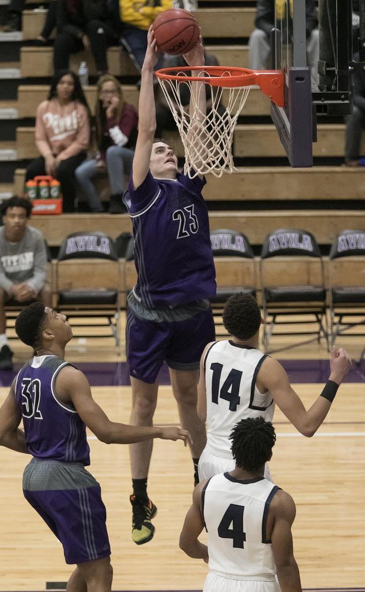 Parker Braun (dunking) and Blue Valley Northwest are set to square off against Grandview in the 810 Varsity Showcase at Lee’s Summit High School on Saturday.