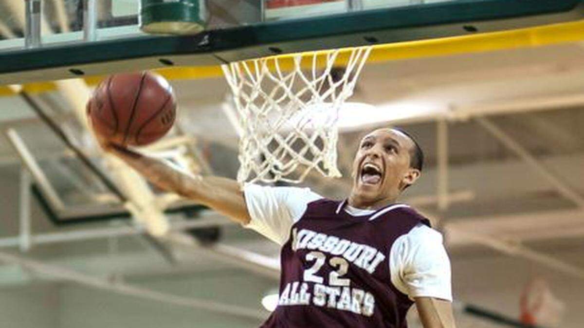 
Landry Shamet of Park Hill won the dunk contest, part of Friday night’s Greater Kansas City Basketball Coaches Association All-Star Challenge at Shawnee Mission South.
