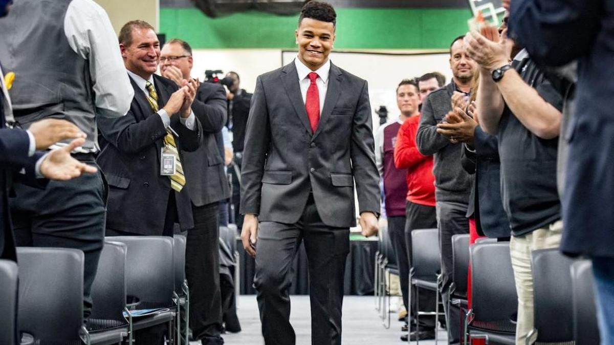 Staley running back Julian Ross makes his way to the stage after being selected the winner of the Thomas A. Simone memorial award. The award goes annually to the best high school football player in the Kansas City area.