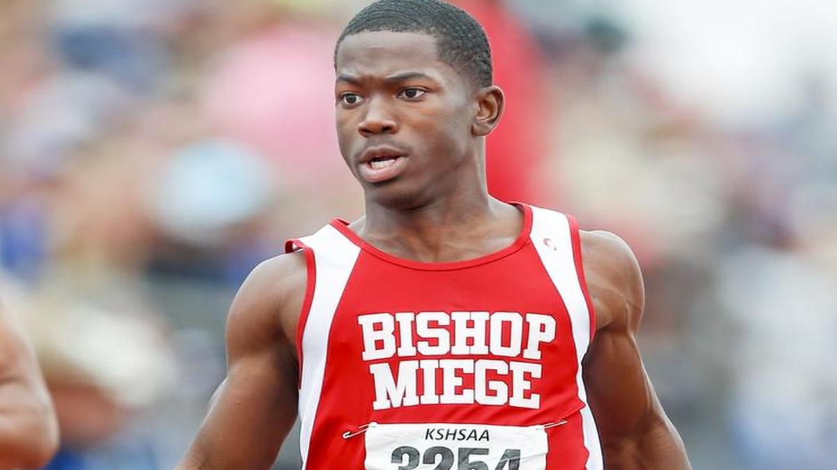 
Bishop Miege’s Denvoir Griffin won the Class 4A 100-meter dash at the Kansas high school boys track and field state meet in Wichita.
