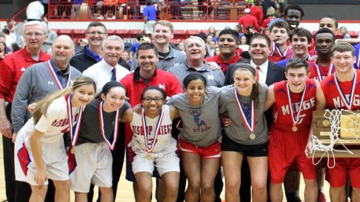 The Bishop Miege girls were joined by the Miege boys as state champions in Kansas Class 4A Division I in March.