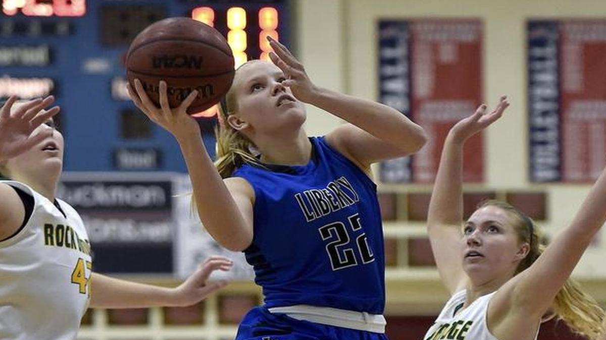Liberty’s Morgan Fleming, who scored 21 points, drove through the Rock Bridge defense in the Blue Jays’ 56-46 win Thursday at the Truman Tournament.