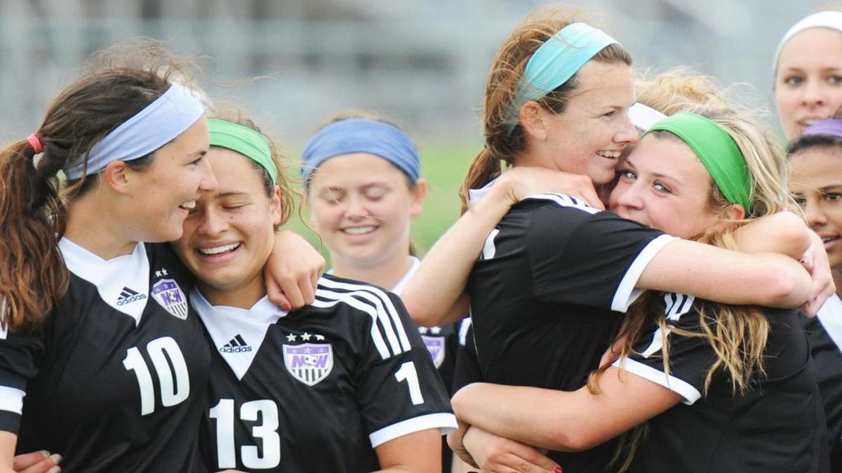 
Blue Valley Northwest High School players (from left) Makenzie Taylor, Linda Fiorito (No. 13), Cece Kizer and Lauren Reeder celebrated their state championship victory over Washburn last May at the College Boulevard Activity Center in Olathe.
