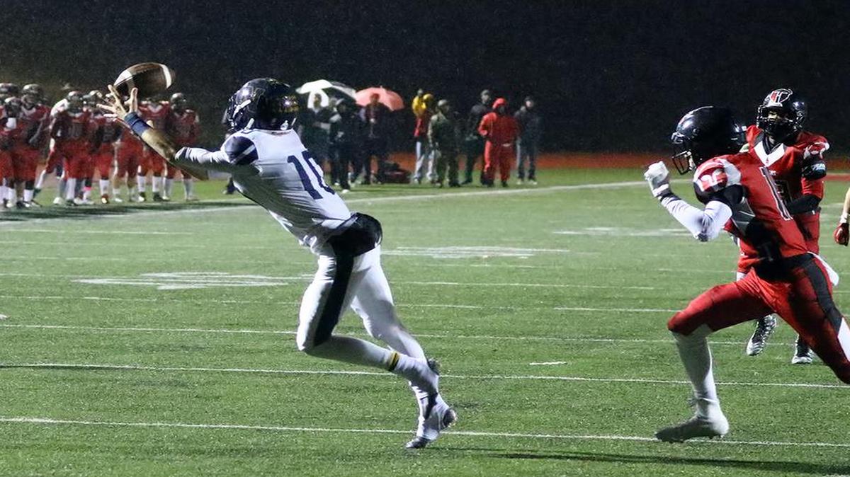Liberty North wide receiver Jack Degarmo made a catch against Park Hill during their game on Friday night. Park Hill edged the Eagles, 10-7.