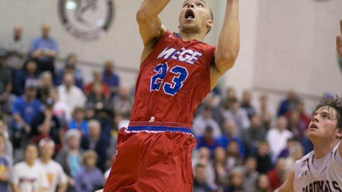 Francesco Badocchi of Bishop Miege goes up for a shot against Eudora in a Class 4A Division-I substate final Saturday at Bonner Springs. Miege will go after a second straight state time after beating Eudora 49-40.