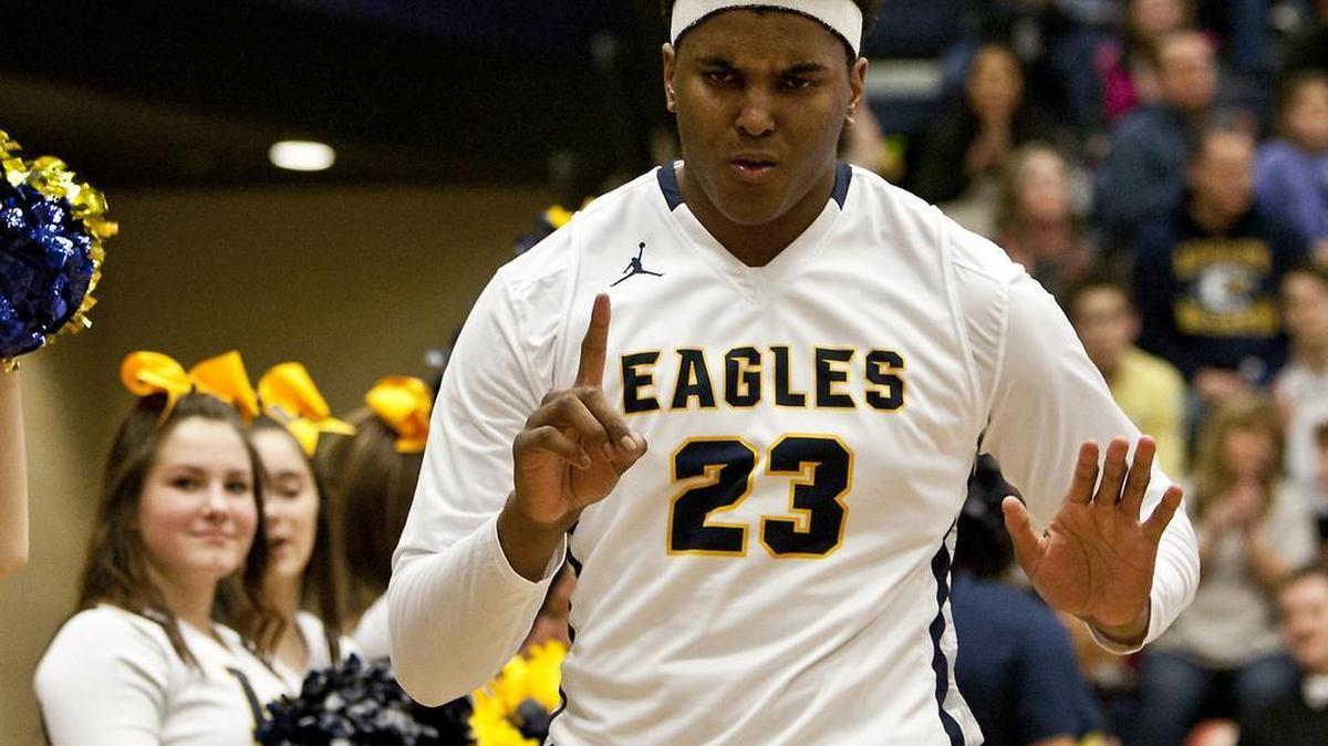 Senior Michael Hughes of Liberty North High School during opening introductions before the game against the Raytown BlueJays played at Liberty North High School.