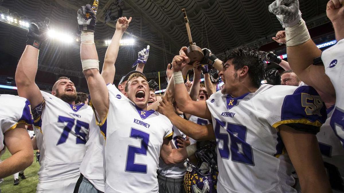 The Kearney Bulldogs celebrate defeating Webb City during the 2015 Class 4 championship game at the Edward Jones Dome in St. Louis.