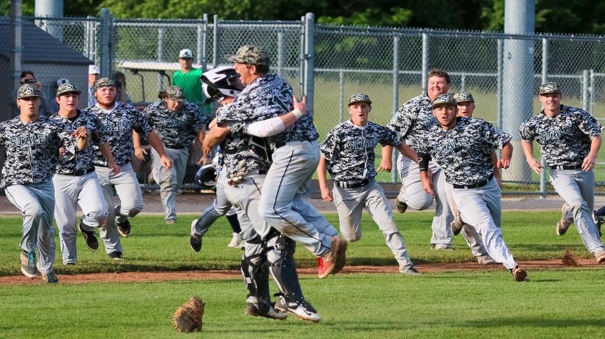 
Staley High School baseball players started the celebration after the final out against Lee’s Summit West on Sunday in a Missouri Class 5 state quarterfinal playoff game. The Falcons will play Eureka on Friday in a state semifinal game.
