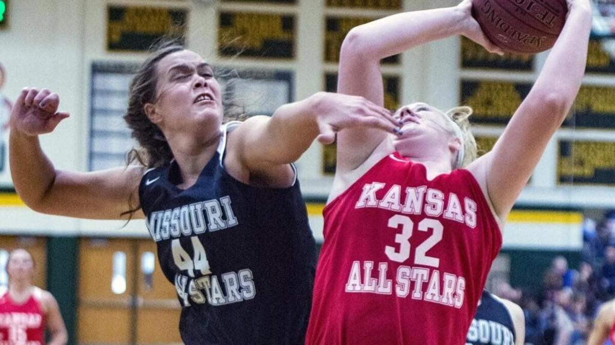 BlueValley Northwest’s Abby Bird (right), who played in the Kansas vs. Missouri High School All Star Challenge April 7, made the All-Eastern Kansas girls basketball second team.