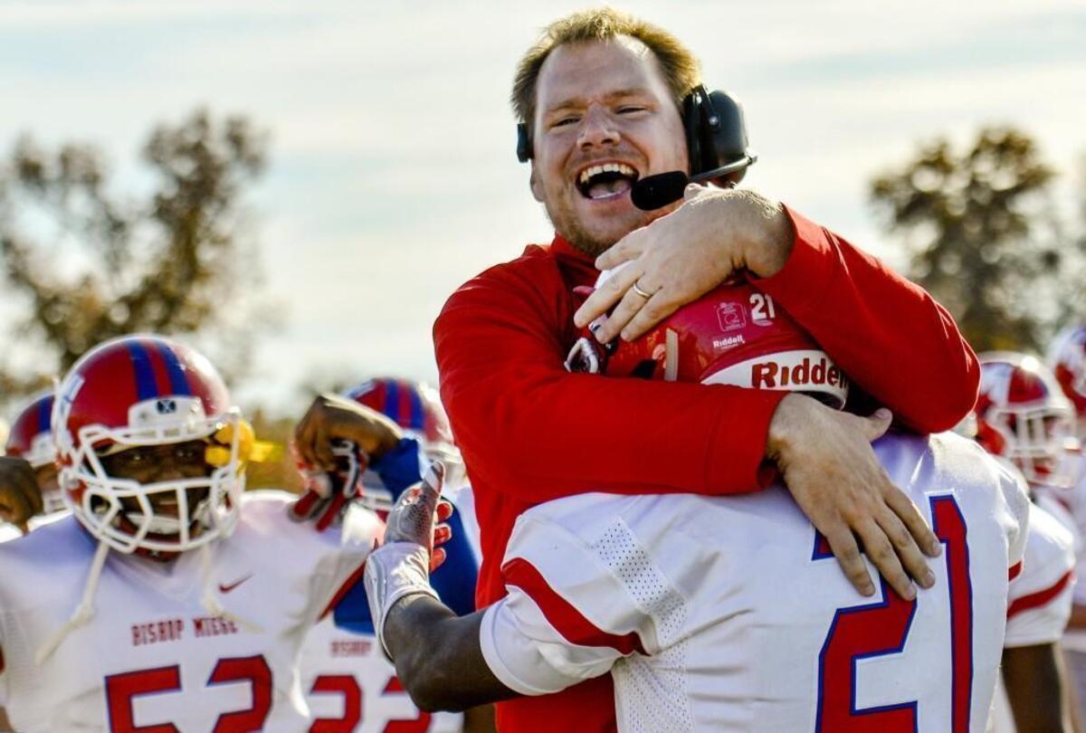 Bishop Miege head coach Jon Holmes in 2017.