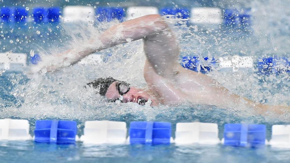 Sam Disette of Blue Valley North, seen here in the 2015 Kansas boys swimming state meet, paced the Mustangs on Saturday at the state meet in Topeka. He won state titles in the 50-yard freestyle and 100 freestyle. He set a state record in the 50 freestyle during Friday’s prelims, with a time of 20.67 seconds.