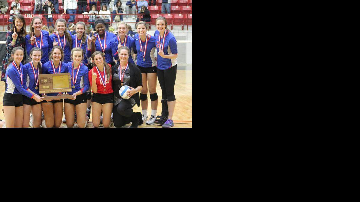 
Bishop Miege’s volleyball team posed with the state title trophy on Saturday in Salina after winning the program’s sixth state championship in the last seven seasons.
