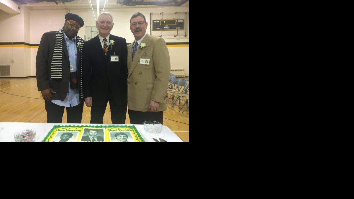 
Shawnee Mission South High School inducted its sixth class into the Raider Athletic Hall of Fame at halftime of Friday night’s basketball game. The three-member group of inductees were (left to right) Vince Parrette, Ron Millard and John Dillon.
