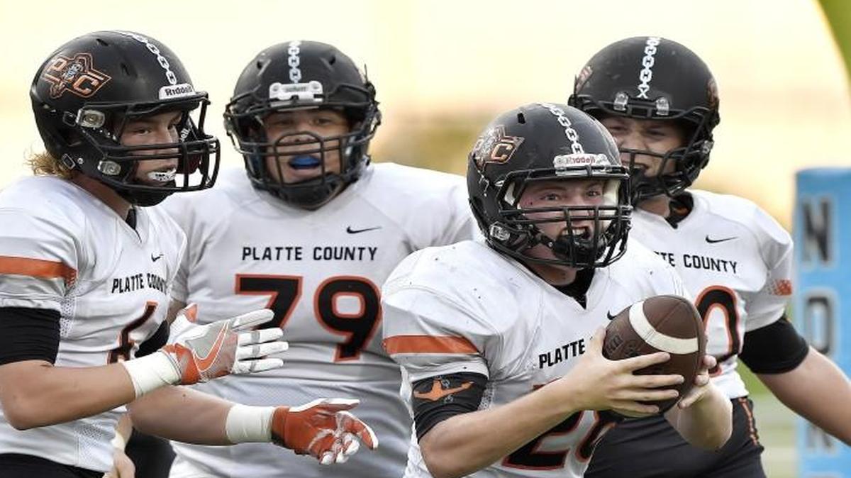Platte County’s Dakota Schmidt celebrated recovering a Oak Park fumble in the end zone for a second-quarter touchdown in Thursday's high school football game.