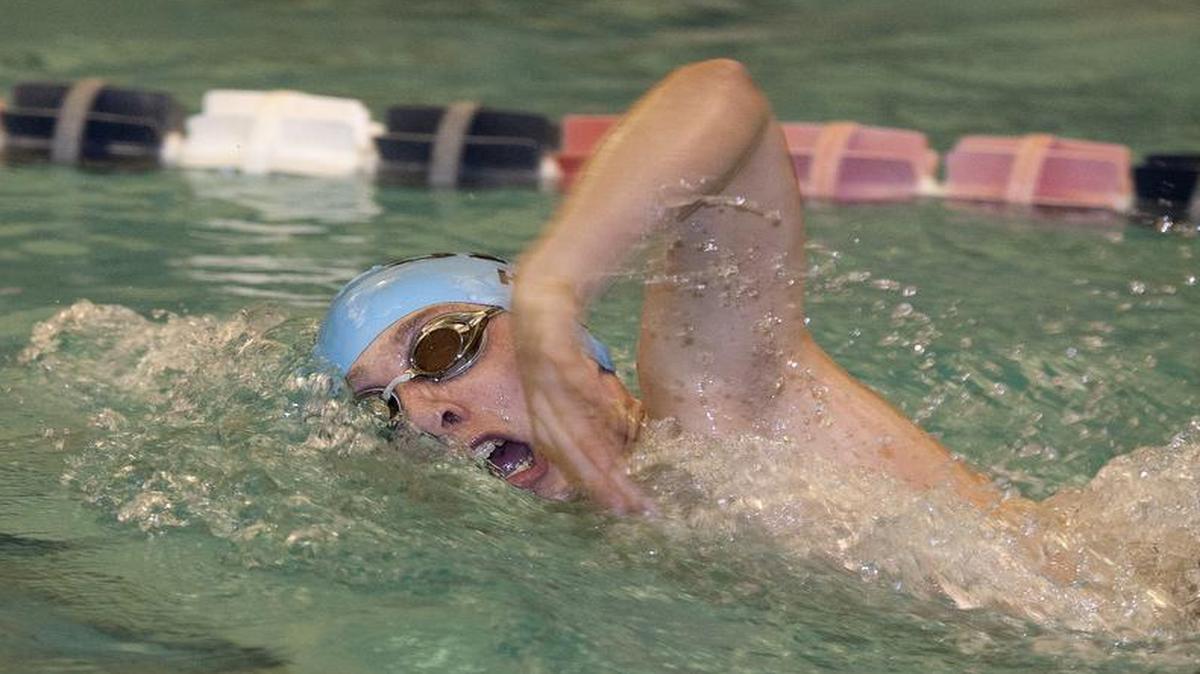 Bennett Hense of Shawnee Mission East competed in the 500-yard freestyle on Saturday at the Sunflower League boys swimming and diving meet at California Trail Middle School in Olathe.