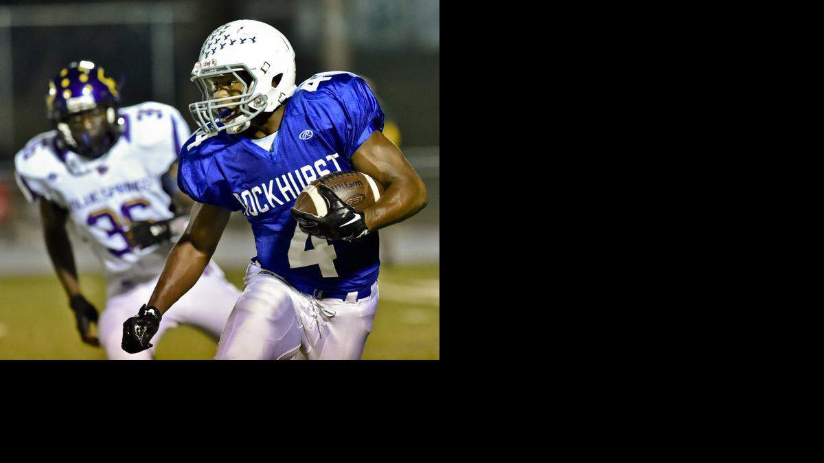 
Rockhurst’s A.J. Taylor carried the ball 11 times and gained 103 yards in the Hawklets’ 14-13 victory on Friday night over Blue Springs at Rockhurst High School.
