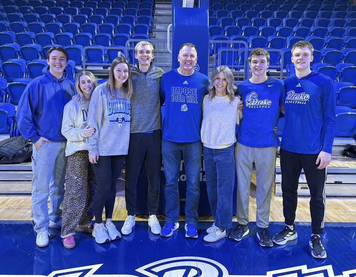 Roger and Renee Stirtz (middle) passed down their athletic genes to their sons Mason (far left), Caden (center left), Bennett (far right, and Cooper (next to Bennett on the right). Bennett led Drake to a 31-4 record and the second round of the NCAA Tournament as an all-conference player and could be picked in the first round of the 2026 NBA Draft on Tuesday, June 23.