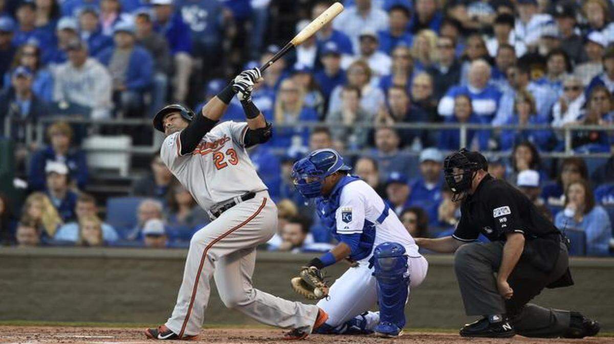 
Baltimore Orioles designated hitter Nelson Cruz struck out in the top of the fourth in the ALCS on Oct. 15, 2014. at Kauffman Stadium in Kansas City, Mo.
