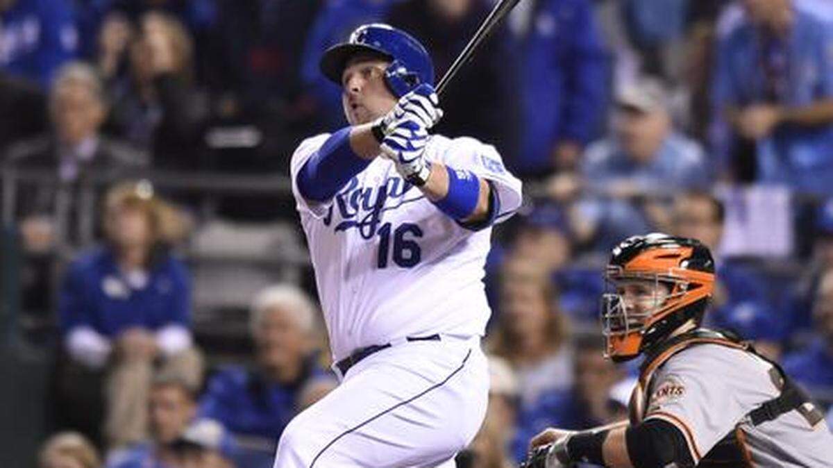 Kansas City Royals designated hitter Billy Butler hit an RBI single to score Lorenzo Cain during the sixth inning against the San Francisco Giants in game two of the World Series on Wednesday, October 22, 2014 at Kauffman Stadium in Kansas City, Mo.