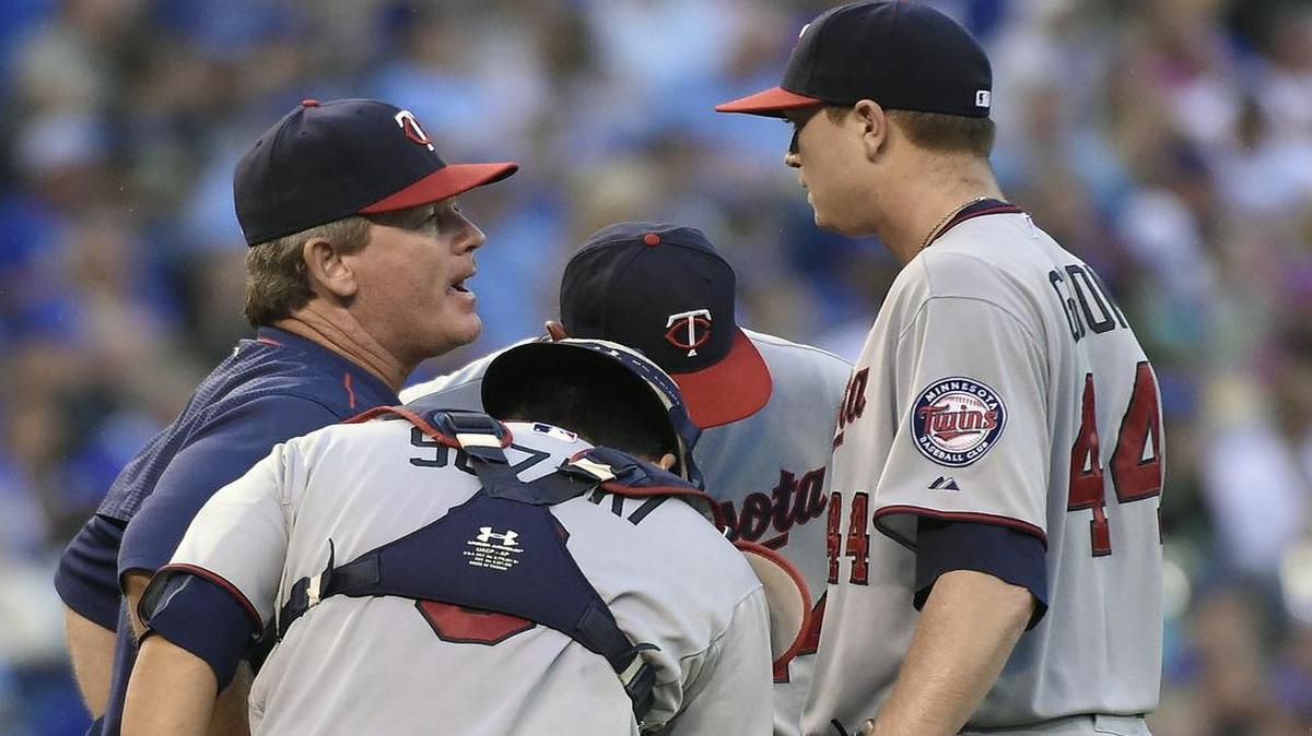 
Minnesota Twins pitching coach Neil Allen visit the mound to talk with starting pitcher Kyle Gibson in the fourth inning of Thursday’s baseball game the KC Royals.
