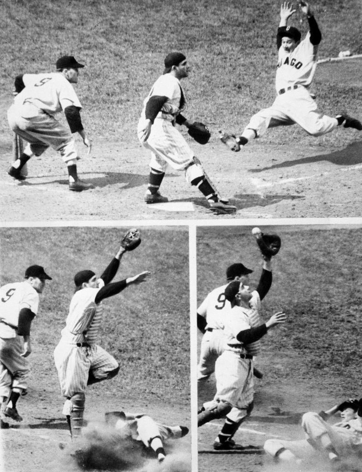 In this picture sequence, Alfonso Carrasquel (top photo) of the Chicago White Sox leaps safely into home plate as catcher Yogi Berra of the New York Yankees, center, waits for the throw at Yankee Stadium in New York, May 4, 1950.