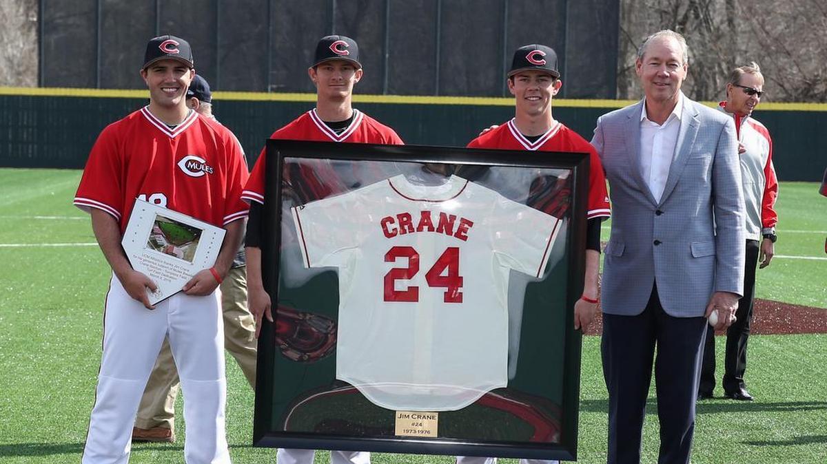 The No. 24 jersey of Astros owner Jim Crane (right) was retired by Central Missouri, where Crane pitched from 1973-76.