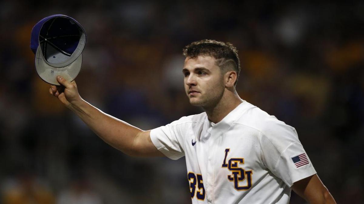 LSU pitcher Alex Lange walked off the field after being replaced in the eighth inning of an NCAA college baseball tournament super regional game against Mississippi State in Baton Rouge, La., Saturday, June 10, 2017. LSU won 4-3.