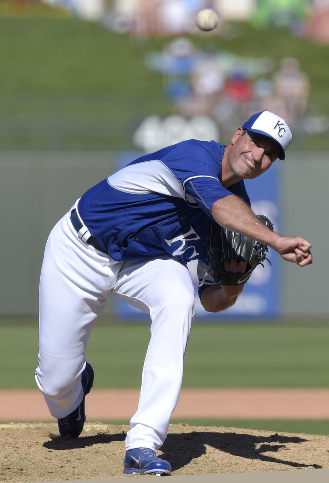 At 6 feet 10, Royals pitcher Chris Young relies upon deception created by his height and the craftiness to discombobulate a hitter’s timing. His fastball has topped out around 87 mph, his highest velocity since 2008. 