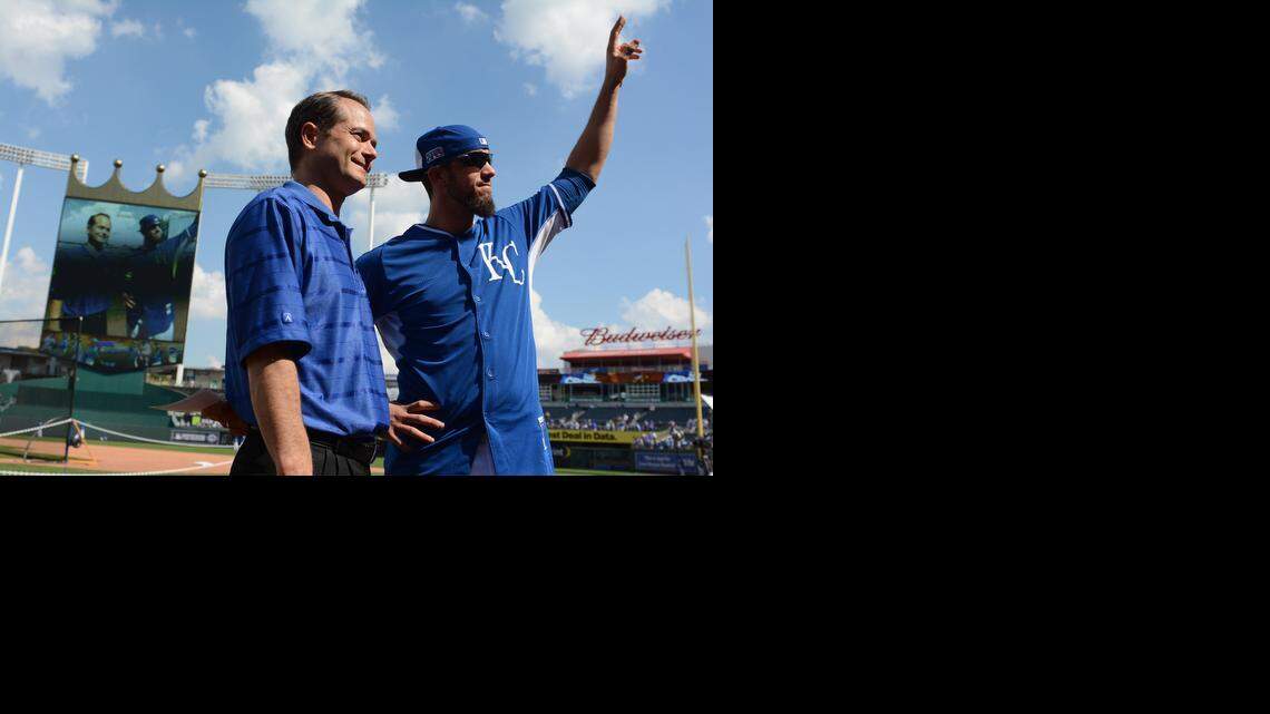 
Pitcher James Shields acknowledges Royals fans’ cheers before being interviewed by broadcaster Ryan Lefebvre (left) during Monday’s "Take the Crown" rally at Kauffman Stadium. 
