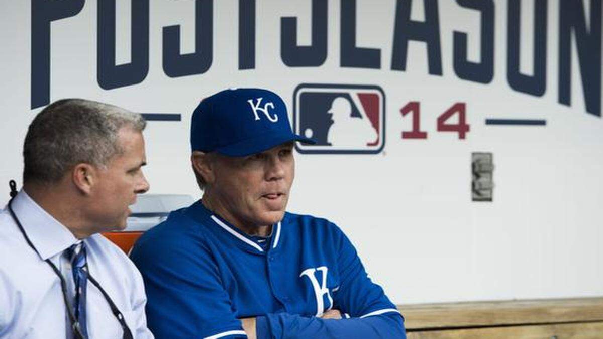 
Royals manager Ned Yost, right, chats up general manager Dayton Moore during Thursday’s workout at Oriole Park at Camden Yards.
